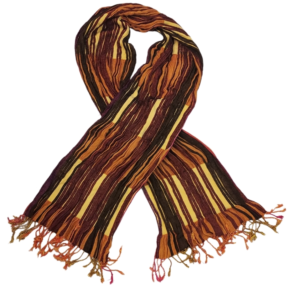 Vibrant orange brown yellow striped woven accordion scarf Fall Autumn